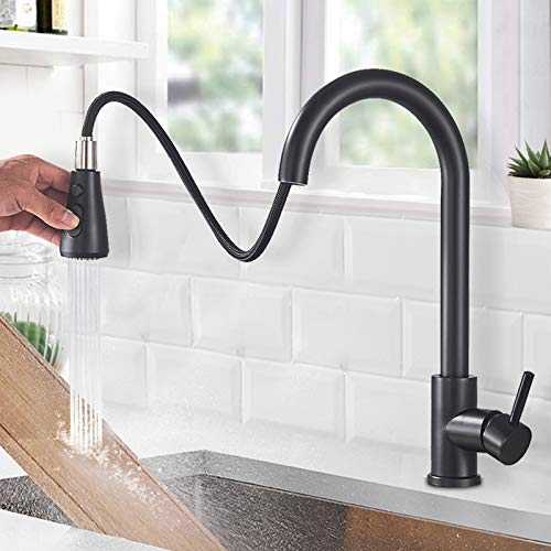 Onyzpily Kitchen Tap Black with Pull Down Kitchen Sink Mixer Taps Single Handle 2 Water Mode Pause Function 360° Swivel Solid Brass