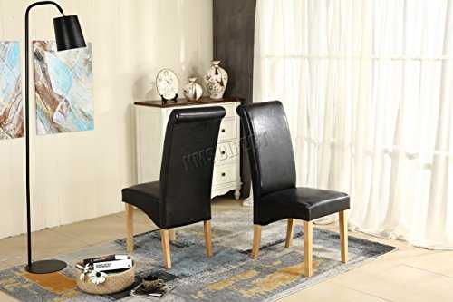 WestWood Dining Chairs Furniture Set of 2 Premium Black Faux Leather Roll Top Scroll High Back with Solid Wood Legs Foam Padded Seat Contemporary Modern Look