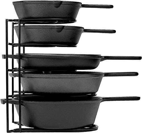 Heavy Duty Pan Rack Organiser - BLACK - 12” / 30cm 5-Tier Kitchen Storage Organizer - Holds 50-LBS / 22.5 KG of Cast Iron Skillets, Pans, Griddles and Shallow Pots - Durable Steel Organizer
