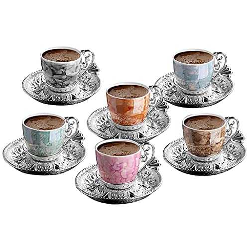 SPNEC Coffee Cup Saucers Set for 6 Person 4 OZ Greek Coffee Espresso Women Men Gift Housewarming Wedding (Color : Silver)