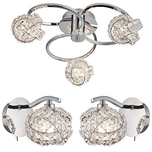 3 Bulb Flush Ceiling Lamp & 2X Wall Light Pack | Polished Chrome Curved Arm & Pretty Crystal Glass Twist Cluster Shade Set | Matching Fittings | Modern Lounge Bedroom Lighting kit – LED & Dimmable