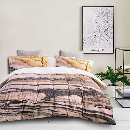 Duvet Cover Set 100% Brushed Microfiber Marble Print Colorful Luxury Texture Printed Pattern Bed Bedding Sets King Size with Zipper Closure and Pillowcases Quilt CoversBrown Burnt Orang (Light Tan Sup