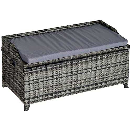 Outsunny Patio PE Rattan Wicker Storage Basket Box Bench Seat Furniture w/Cushion Mixed Grey