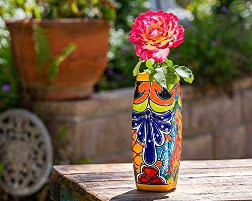 Jayde N' Grey Talavera Pottery Hand Painted Ceramic Vase Flower Pot Floral Decor Mexican Art 9.5" x 3" x 3" (Golden Yellow)