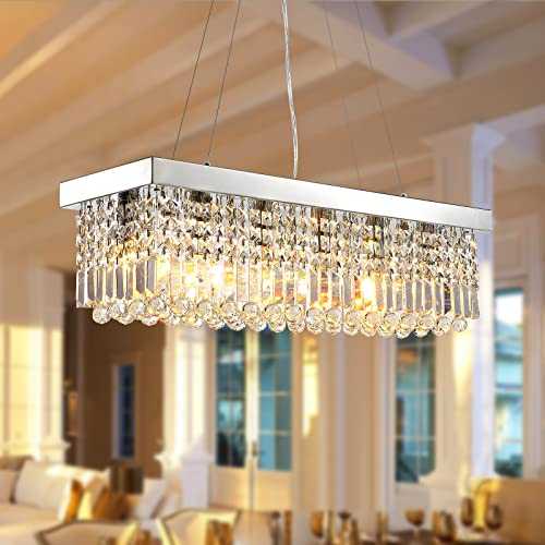 SILJOY Rectangle Ceiling Light for Dining Table Pendant Light with Crystal Dimmable Chandelier Lighting Fixtures for Living Room Bedroom Lights Fitting for Kitchen Modern(6-E14 Bulbs, Length 31.5")