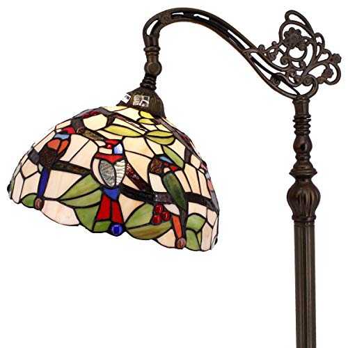 Tiffany Floor Lamp 64" Tall Industrial Pole Vintage Boho Birds Stained Glass Arc Standing Corner Bright Reading Light Antique Arched Adjustable Living Room Kids Bedroom Farmhouse Office WERFACTORY