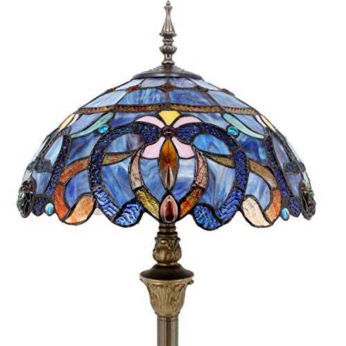 Tiffany Floor Lamp Glam Bright Antique Standing Reading Light 64" Tall Blue Purple Stained Glass Shade Boho Industrial Bronze Pole Vintage Base Kids Bedroom Living Room Farmhouse Office WERFACTORY