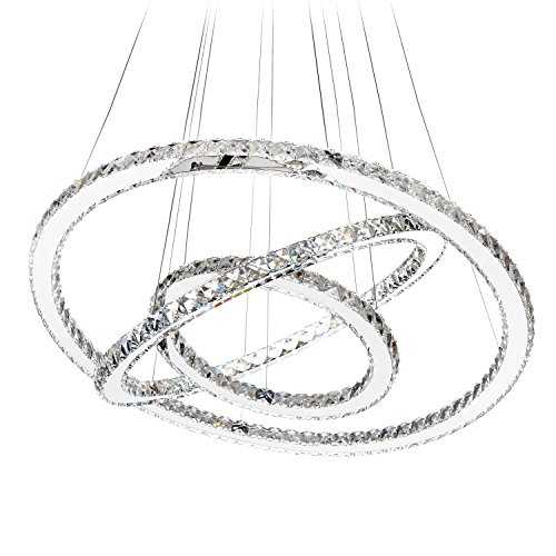 MEEROSEE Crystal Chandeliers Modern LED Ceiling Lights Fixtures Chandelier Lighting Dining Room Pendant Lights Contemporary 3 Rings Adjustable Stainless Steel Cable DIY Design