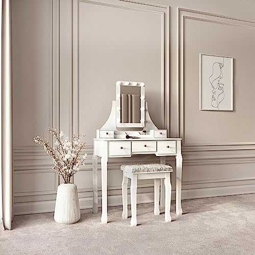 CARME Arianna Deluxe - White Dressing Table with Hollywood Mirror 10 LED Bulbs Lights 5 Drawers Stool Set