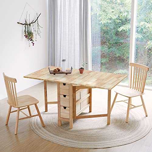 Livinia Wings Gate-Leg Wooden Dining Table, Solid Hardwood Expandable Drop Leaf Space Saving Kitchen Table with 6 Drawers Fully Assembled(Natural Oak)