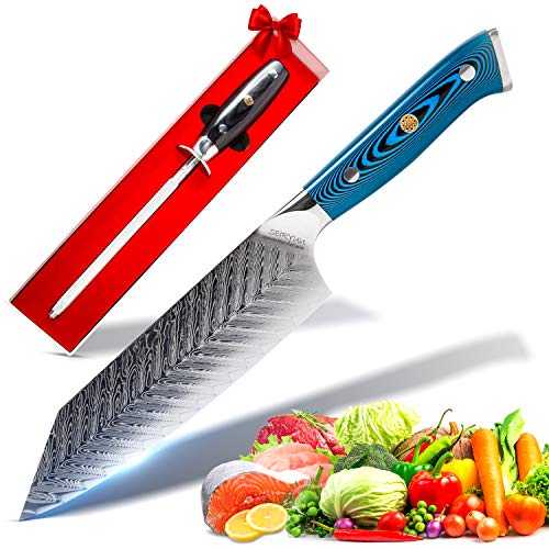 SEIRYUU 17cm/7-Inch Bunka Chef's Knife - Japanese Pro Chef Series - 73-Layer Stainless Steel VG10 Damascus Blade, Ladder Pattern - Double Steel Head Bellewood Handle, Sharpening Rod - Kitchen Tool
