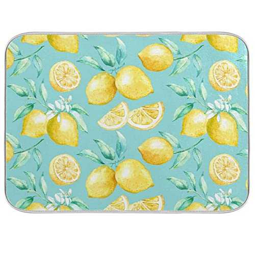 Absorbent Dish Drying Mat for Kitchen Counter - Yellow lemon teal background Microfiber Drying Pad, Reversible Drainer Mats for Countertop, Large 16 x 18 inch