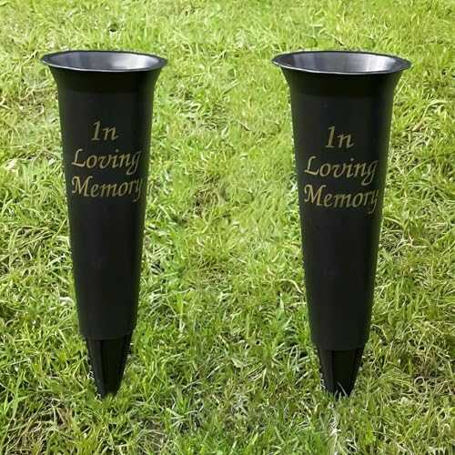Caliko Set of 2 In Loving Memory Grave Vases -Strong Plastic Grave Ornaments in Black Colour, Grave Side Flower Holders and grave vases with spike for Fresh or Artificial Flowers