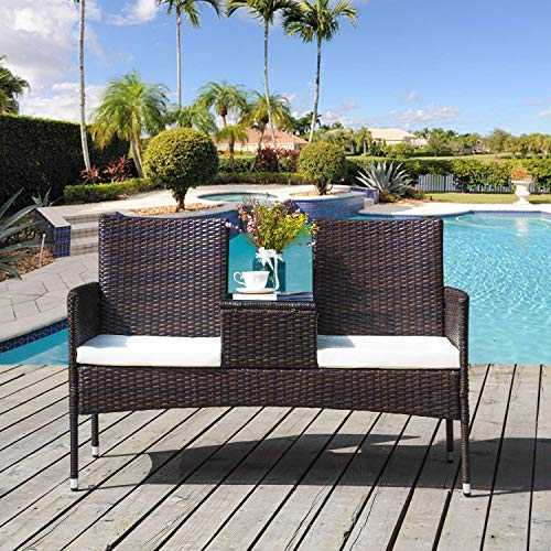ROOD 2-Seater Garden Rattan Chair Campanion Chair with Tempered Glass Coffee Table Removable Cushions Outdoor Wicker Loveseat Garden Furniture Set with Waterproof PE Wicker Durable Steel Frame