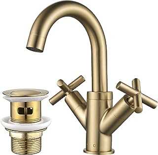 Brushed Gold Basin Mixer Tap Swivel Spout with Pop Up Waste, NewEast Dual Cross Lever Brass Bathroom Sink Tap