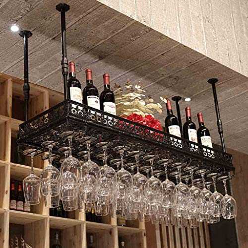 LIYANJJ Industrial Hanging Wine Cup Rack Rustic Bottle Beverage Stand Adjustable Height Ceiling Floating Shelves Stemware Holder to Hang Cocktail or Champagne Flutes for Kitchen Bar Pubs Rack