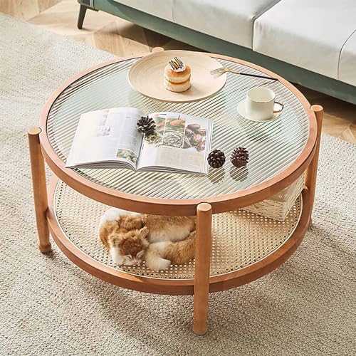 Round Coffee Table With Storage Shelf Rattan 80cm Small Glass Coffee Tables For Living Room Modern Style Farmhouse Wood Coffee Table Living Room Coffee Table Circle Easy Assembly Black+Natural ( Color