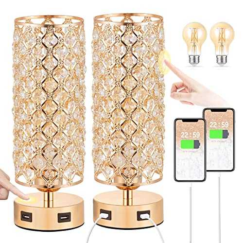 Touch USB Crystal Table Lamp Sets, Dimmable Nightstand Lamp with Dual USB Charging Ports, 3-Way USB Gold Crystal Lamp, Bedside Desk Light for Bedroom Living Room Home Office(Bulb Included&Set of 2)
