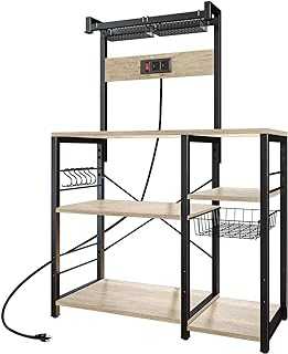 LIDTOP Bakers Rack with Power Outlet, 5-Tier Microwave Stand with Storage, Coffee Bar Table Coffee Station, Kitchen Storage Rack Shelves for Spices, Pots and Pans with Basket 6 S-Shaped Hooks
