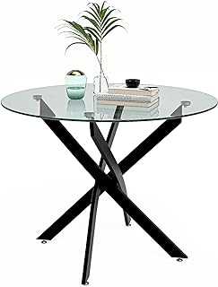 GOLDFAN Small Round Glass Dining Table Modern Kitchen Table with Black Metal Legs for Dining Room, Black/80cm (Table Only)