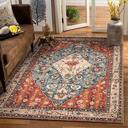 Morebes Tribal Washable 4x6 Rug, Soft Kitchen Area Rug Boho Bathroom Rug Distressed Laundry Room Entryway Rugs Indoor Non Slip, Vintage Persian Throw Rug for Bedroom Living Room, Rust/Multi