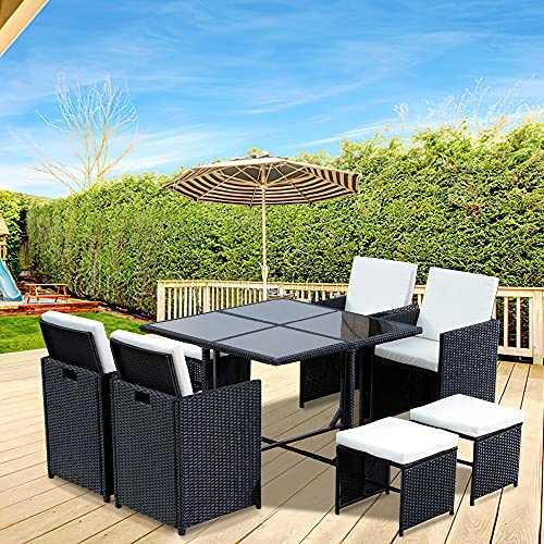 Bigzzia 9 PC Garden Leisure Rattan Dining Set Combination，Black Outdoor Poly Rattan Furniture Decor With Cream White Cushion Table Chairs Stool