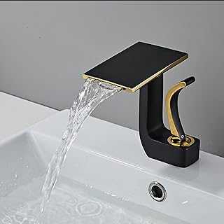 SJQKA Waterfall Basin Taps,Basin Sink Tap Mixer Tap,Single Handle Basin Mixer Tap,Brass (Black+Gold)