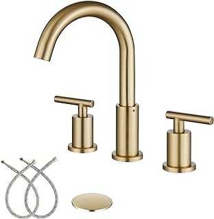 Midanya Brushed Gold 3 Hole Widespread Bathroom Sink Faucet Modern 2 Handle Brass Valve Mixer Tap for Sink 8 Inch Laundry Basin Vanity Faucet with Water Supply Hose and Pop Up Drain Stopper Assembly