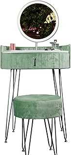 CARME French Riviera Upholstered Quilted Velvet Dressing Table with 1 Drawer Touch Activated LED Mirror Lights Stool Vanity Table Makeup Bedroom Art Deco Modern Dresser Furniture Set (Sage Green)