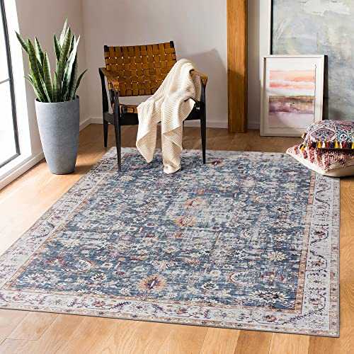 ComiComi Vintage Oriental Traditional Area Rug Printed Distressed Persian Runner Carpet Non Slip Family & Pet Friendly, Cream / Aqua, 3'×5'
