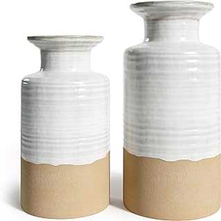 Barnyard Designs Ceramic Stoneware Vase Set, Farmhouse Home Decor, Table Decoration for Kitchen, Living or Dining Room, Ivory/Tan, Set of 2, (9.25", 7.5" Tall)