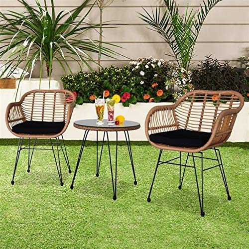 Garden Furniture Set, 3 Piece Wicker Rattan Garden Chair Table, Faux Rattan Bistro Set of 2 Armchairs with 2 Cushions + 1 Table with Tempered Glass (Garden Furniture Set of 3)