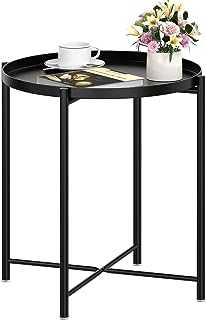 OVICAR Metal Tray End Table, Round Accent Coffee Side Table, Anti-Rust and Waterproof Outdoor Small Side Table, Indoor Modern Sofa Side Table Bedside Table for Living Room Bedroom Balcony (Black)
