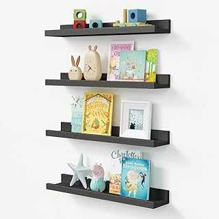 Black Picture Ledge Shelf Set of 4, 23 Inch Rustic Wood Floating Shelves with Lip, Decor Display Wall Shelf for Living Room Bedroom Bathroom Office Nursery Photo Frames Books Plants, by Forbena