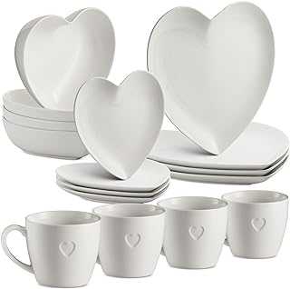 Mitbak 16 PC Dinnerware sets |Heart Shaped Elegant Plates And Bowls Sets For Valantines Day | Dinner , Salad, Soup Plates, And Mugs, | White Dishes Make An Excellent Gift Idea