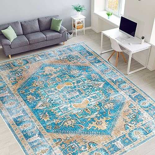 Softwoven Rugs, 9x12 Machine Washable Rug,%90 Cotton, Non-Slip, Family & Pet Friendly, Stain Resistant, Non-Shed, Traditional Vintage Area Rug for Living Room, Hallway - Tan and Blue
