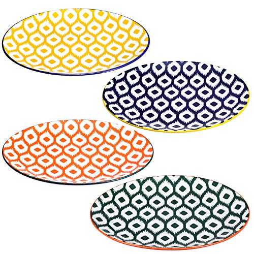 Miicol Ceramic Dinner Plates Set of 4, Porcelain Serving Dishes for Salad, Pasta, Patisserie, Dessert, Fruit, Microwave, Dishwasher & Oven Safe, Assorted Patterns, 21CM Plates Set