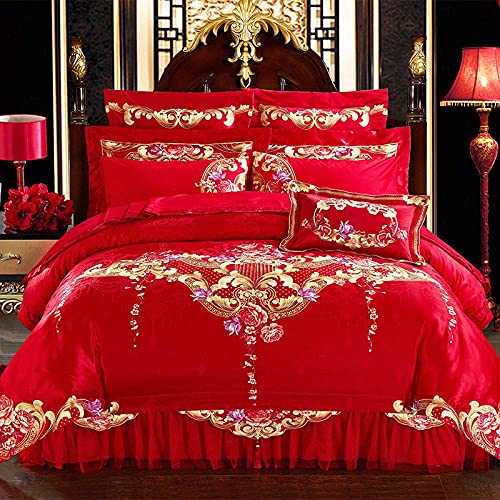 HJRBM Duvet Cover Sets Embroidered Luxury Classical Bedding Set Satin Cotton Silky 4/6/9Pcs Wedding Bed Set Duvet Cover Bedspread Set,1,King Size 4pcs (1 Large size 6pcs)