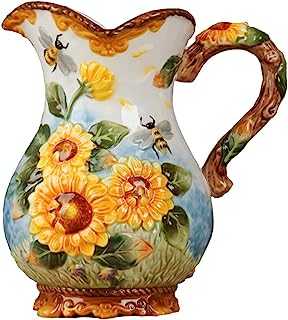 FORLONG Large Ceramic Water Pitcher Flower Vase, Hand-Painted Sunflower and Bee Home Decor Bouquet Holder-8.7H Inches