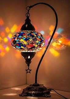 DEMMEX Stunning Turkish Moroccan Mosaic Table Lamp with Big Size Globe, Gooseneck Boho Exotic Colorful Mosaic Glass Bedside Lamp Lampshade, Handmade (Multicolor)