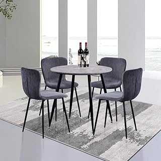 GOLDFAN Round Dining Table and Chairs Set 4 Marble Kitchen Table and 4 Velvet Chairs Retro Dining Table Set with Metal Legs for Dining Room Living Room Office, Grey