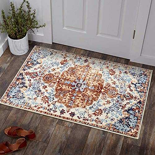 Estmy Boho Persian Small Area Rug 2x3 Distressed Fuzzy Oriental Throw Kitchen Rugs Washable Farmhouse Medallion Floral Colorful Bohemian Bathroom Mat Shag Rubber Backed Floor Carpet, Blue and Gold
