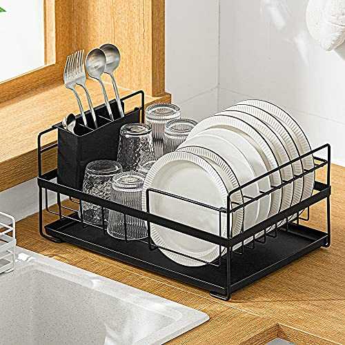 LINFIDITE Kitchen Sink Dish Drainer Rack Detachable Drying Rack Dishes Dish Drying Rack with Drip Tray Utensil Holder Countertop Anti Rust Draining Board Rack Organiser Set 3 Piece 48×29.5×19cms Black