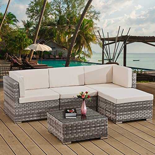 Rattan Garden Furniture Sets 4 Seater Patio Sofas with Coffee Table, Cushions, All-weather Outdoor Corner Sofa Patio Conversation Sets,Outdoor Furniture Sets Clearance(UK Delivery)