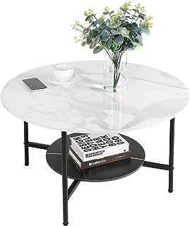 FATIVO Marble Top Coffee Tables Round: 2 Tier White and Black Coffee Table 80cm Sintered Stone High Gloss Marbles Effect Tabletop with Matt Black Frame Modern Large Centre Table Living Room