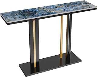 FATIVO Marble Console Table Sintered Stone:Luxury Modern Hallway Tables 118x30x78cm Abstract Jade Blue Textured Clear Marble Tabletop with Black and Gold Geometric Line Pedestal for Entry Sofa Decor