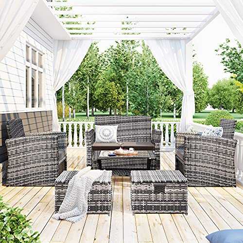 COMHARBOR 6 Pieces Garden Furniture Set, Outdoor Patio Rattan Furniture, 6 Seat Sofa Set with Coffee Table and Footstools, Grey Rattan with Grey Cushion