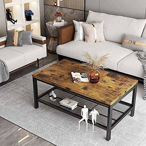 Hooseng Industrial Coffee Table with Black Metal Frame Living Room Table with Metal Mesh Shelf