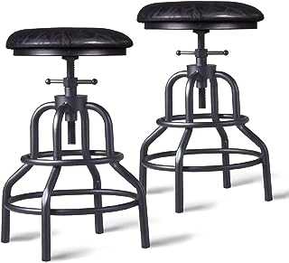 Diwhy Industrial Vintage Bar Stool, Kitchen Counter, Height Adjustable Cane Stool, Cast Iron Stool, Swivel Bar Stool, Metal Stool, 27" Fully Welded, Set of 2 (Black Faux Leather Top)