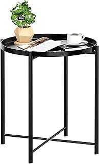 JANE EYRE Tray End Table, Small Round Side Table, Accent Coffee Table, Anti-Rust and Waterproof Outdoor & Indoor Metal Snack Table with Removable Tray, Sofa Table, (H) 20.6" x (D) 17.5" - Black